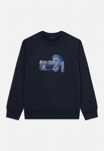 Marineblaues Sweatshirt mit rundem Ausschnitt, langen Ärmeln und glänzendem, ballonartigem "N°21"-Logo in Silber auf der Brust.