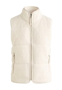 Beiges Fleeceweste mit hohem Kragen, Reißverschluss vorn und Seitentaschen. Verfügt über eine strukturierte, flauschige Oberfläche und ein gepolstertes Steppmuster.