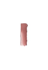 Cremiger mauvefarbener Lippenstiftstrich mit einer glatten, glänzenden Textur und einem leicht unregelmäßigen Rand, vor einem weißen Hintergrund.