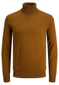 Brun polokrage tröja gjord av mjukt material; har ribbat krage, muddar och fåll, med en slät textur över hela.