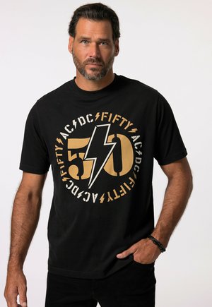 Czarna bawełniana koszulka z dużą złotą grafiką z numerem "50" i akcentami błyskawic, okrągły napis logo "AC/DC" i "Fifty".
