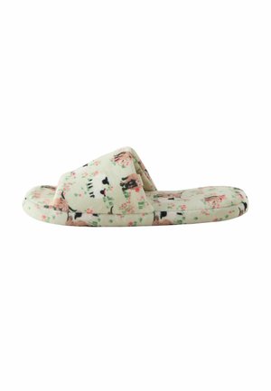 Weiche, cremefarbene Hausschuhe mit Blumen- und Hundemuster und offenem Zehendesign.