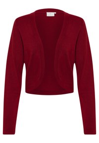 Rode, korte cardigan met open voorkant, lange mouwen en een gladde textuur. Eenvoudig ontwerp zonder zichtbare accessoires of patronen.