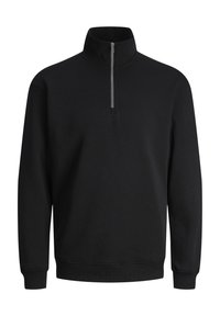 Pullover nero a maniche lunghe con colletto alto e una zip argentata frontale che si estende per metà sul petto.
