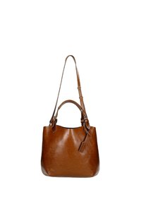 Borsa a tracolla in pelle marrone con una forma strutturata, doppi manici e una lunga tracolla regolabile. Caratterizzata da una texture liscia e un design minimalista.