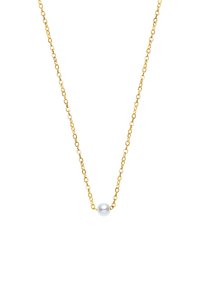 Gouden ketting met schakels, met een enkele ronde witte parel in het midden. Eenvoudig ontwerp met een gladde, glanzende afwerking.