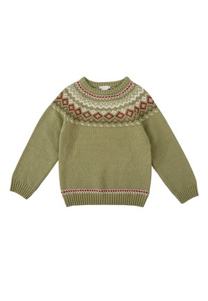 Suéter de punto verde oliva con cuello redondo, que presenta un canesú con un patrón de formas de diamante en blanco, rojo y marrón. Puños y dobladillo acanalados.