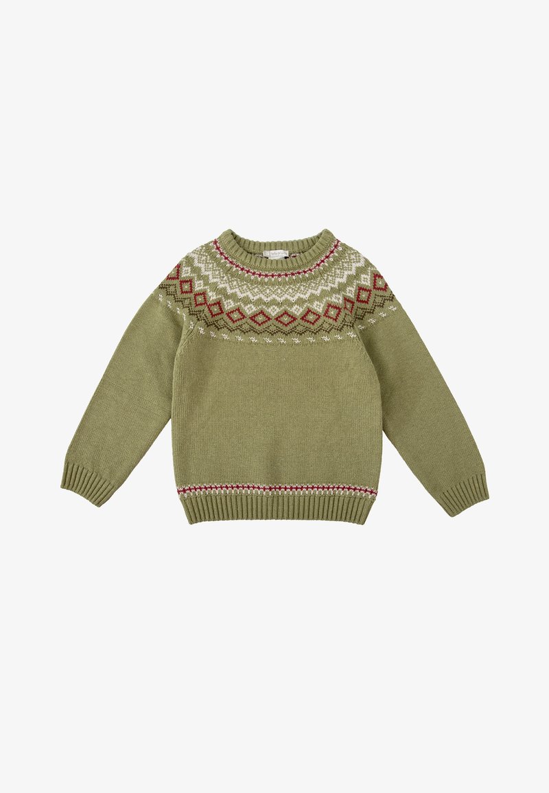 Pull en tricot vert olive avec col rond, présentant un empiècement à motifs en formes de diamants blancs, rouges et marron. Poignets et ourlet côtelés.