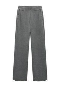 Wide-leg trousers made of textured black and white fabric, featuring a subtle pattern, front pockets, and an elastic waistband.