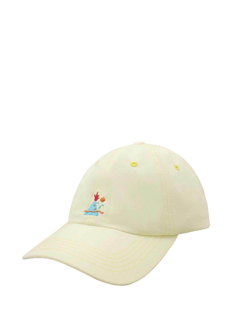 Żółta bawełniana czapka baseballowa z haftowanym wzorem postaci grającej w koszykówkę oraz kontrastowym szwem na daszku.