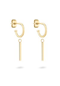 Orecchini a cerchio in oro con pendente a goccia tubolare, caratterizzati da una finitura lucida e una chiusura con gancio. Il design è minimalista e elegante.