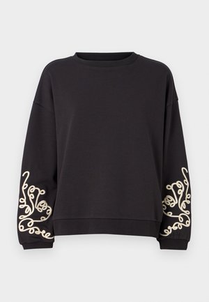 Fekete, hosszú ujjú pulóver, kerek nyakkivágással. Mindkét mandzsettán bonyolult krémszínű hímzés található. Puha, texturált anyag.