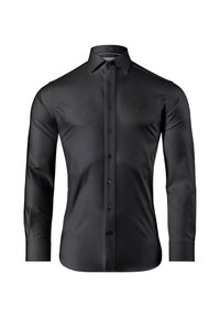 Schwarzes Langarmshirt mit glatter Textur, Knopfleiste und Standardkragen. Verfügt über passende Knöpfe entlang der Knopfleiste.