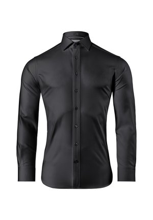 Schwarzes Langarmshirt mit glatter Textur, Knopfleiste und Standardkragen. Verfügt über passende Knöpfe entlang der Knopfleiste.