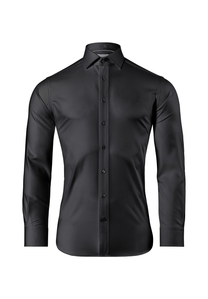 Schwarzes Langarmshirt mit glatter Textur, Knopfleiste und Standardkragen. Verfügt über passende Knöpfe entlang der Knopfleiste.