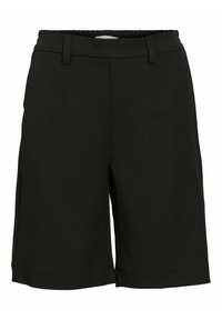 Shorts noirs à texture lisse, taille élastique, deux poches avant, et coupe ajustée. Longueur mi-cuisse avec des bords nets.