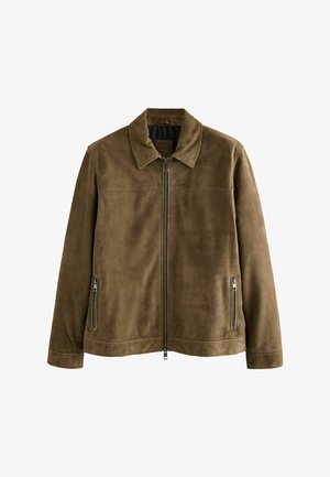 Hnědá semišová bunda se zipem vpředu, límečkem a dvěma bočními kapsami na zip. Hladká textura s upraveným střihem a bez viditelných vzorů.