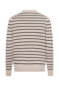 Beiger Strickpullover mit marineblauen horizontalen Streifen, Rundhalsausschnitt und langen Ärmeln. Gerippte Bündchen und Saum, weicher Stoff.
