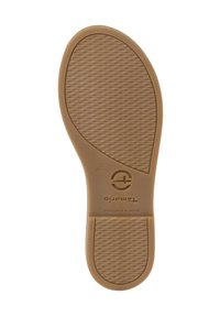 Braune Gummi-Sohle mit einem strukturierten, wellenförmigen Muster. Rundes Logo und der Aufdruck "made in Portugal" nahe der Ferse. Abgerundete Zehenform.