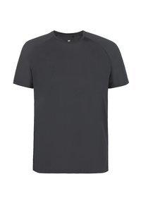 Kortärmad t-shirt i mörkgrått, tillverkad av slät tyg. Har en rund halsringning och raglanärmar med en rak fåll vid midjan.