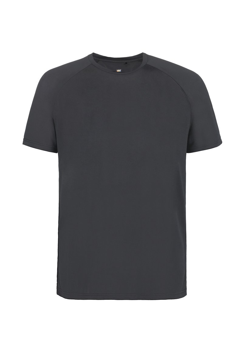 Kortärmad t-shirt i mörkgrått, tillverkad av slät tyg. Har en rund halsringning och raglanärmar med en rak fåll vid midjan.