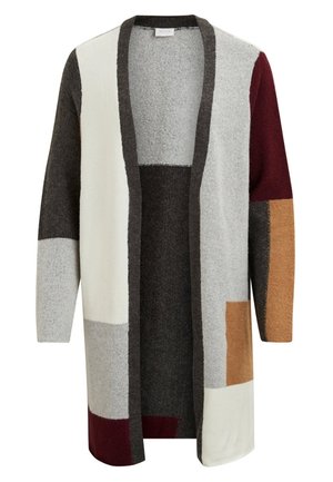 Long gilet en tissu doux avec un motif patchwork comprenant des couleurs telles que gris, blanc, bordeaux, brun et orange.