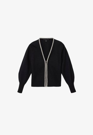 Black cardigan with a V-neck, deep sleeves, and decorative white beading along the open front. Soft texture and fitted hemline.