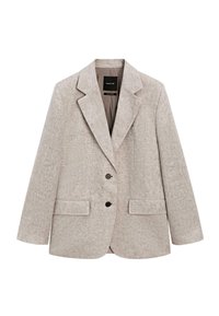 Lys beige hørblazer med to sorte knapper, hakrevers, to forlommer med klap og en brystlomme, vist fladt.