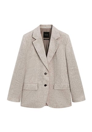 Blazer en lin beige clair avec deux boutons noirs, revers crantés, deux poches à rabat à l'avant et une poche poitrine passepoilée, présenté à plat.