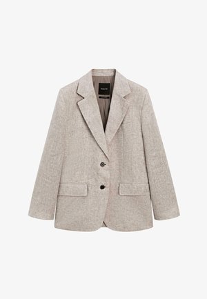 Světlé béžové lněné sako s dvěma černými knoflíky, klopami s výřezem, dvěma předními kapsami s klopami a náprsní kapsou, zobrazené vleže.