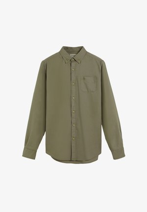 Olive green long-sleeve shirt made of cotton with a button-down collar, chest pocket, and buttons in matching color. Smooth texture.