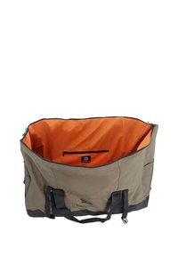 Khaki-colored tote bag with black accents, featuring a bright orange interior. Includes dual handles and an internal zippered pocket.