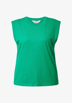 Groene mouwloze T-shirt gemaakt van zachte katoen, met een ronde halslijn en een rechte zoom. Eenvoudig, onopgesmukt ontwerp.