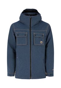 Blauer kapuzenjacke mit Frontreißverschluss, zwei Klapptaschen auf der Brust mit Knöpfen und Seitentaschen, mit beigen Nähten und einem kleinen Logopatch.