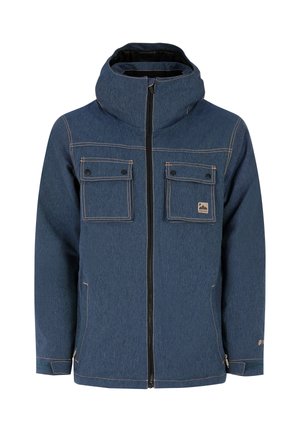 Mėlyna kapota striukė su priekyje esančiu užtrauktuku, dviem kišenėmis su užsegamomis kamštelėmis krūtinėje ir šoninėmis kišenėmis, su smėlio spalvos siūlėmis ir maža logotipo etikete.