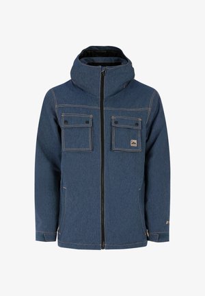 Mėlyna kapota striukė su priekyje esančiu užtrauktuku, dviem kišenėmis su užsegamomis kamštelėmis krūtinėje ir šoninėmis kišenėmis, su smėlio spalvos siūlėmis ir maža logotipo etikete.