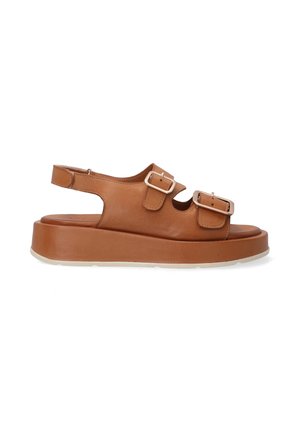 Braune Leder-Slingback-Sandalen mit zwei verstellbaren Schnallen, einer Plattformsohle und offenem Design. Glatte Oberfläche mit minimalen Akzenten.