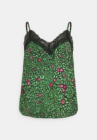 Zelený květinový nátělník s černou krajkou, zdobený vzorem listů a květin. Nastavitelné tenké ramínka. Měkká látka.