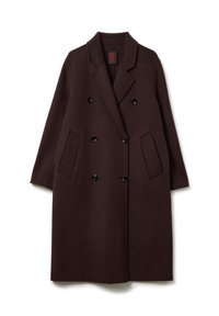 Cappotto di lana doppiopetto in un elegante bordeaux scuro con bottoni neri, revers a notched e due tasche frontali. Presenta un silhouette dritta.