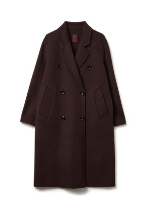 Manteau en laine marron foncé à double boutonnage avec larges revers, six boutons noirs, manches longues et deux poches à l'avant.