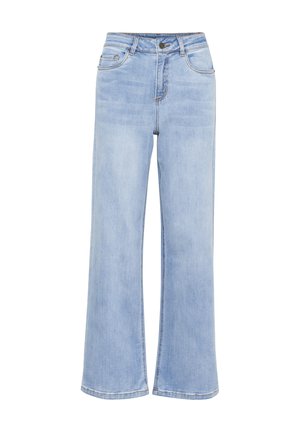 Helle blaue, weit geschnittene Jeans aus Denim mit hoher Leibhöhe, fünf Taschen, Knopfverschluss und Steppnähten entlang der Nähte.