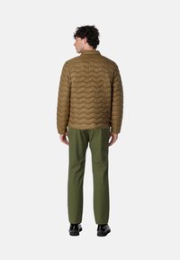 Giacca a vento marrone con motivo a chevron, colletto rialzato e chiusura con zip, abbinata a pantaloni verdi e scarpe nere, vista da dietro.