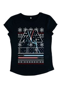 Svart bomullströja med korta ärmar, prydd med en vit och röd "Star Wars" grafik och ljussablar, dekorerad med snöflinge-mönster.