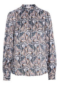 Blouse à manches longues en tissu léger présentant un motif de feuilles abstrait multicolore en bleu, marron et blanc, avec un col montant.