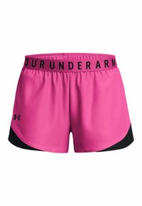 Roze sportieve short met een zwarte tailleband met het logo "UNDER ARMOUR". Gemaakt van glad, lichtgewicht materiaal met een gebogen zoom.