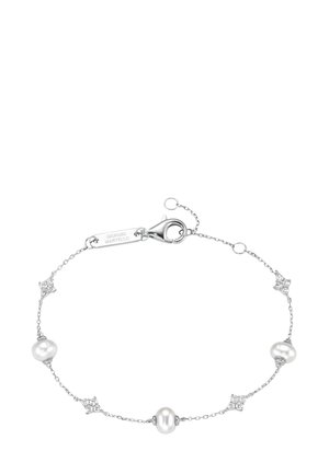 Delicate silver chain bracelet with three white pearls and four small diamond-shaped crystal clusters, featuring a lobster clasp and brand tag.