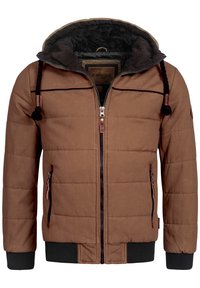 Braune Steppjacke mit Kapuze aus Kunstfellfutter, Seitentaschen, gerippten Bündchen und Kordelzügen. Mit Reißverschluss und hardware-Akzenten in Beige.