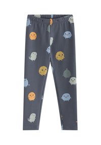 Tynde leggings i mørkegrå stof med farverige, tegneserieagtige runde figurer. Elastisk talje, glat tekstur, legende design.