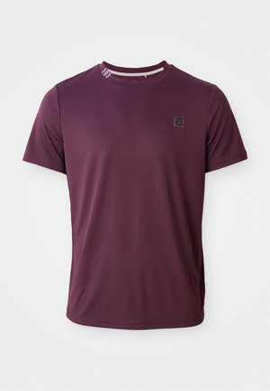 Burgundy short-sleeve T-shirt made of smooth fabric, featuring a crew neck and a small logo detail on the chest.