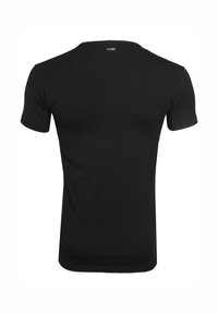 Zwarte short-sleeve T-shirt gemaakt van gladde stof. Heeft een ronde halslijn en een eenvoudig ontwerp zonder versieringen of patronen.